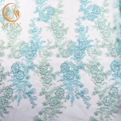 China MDX Mint Green Pattern Lace Fabric 91.44 Cm Length Tulle Beaded Embroidered for sale