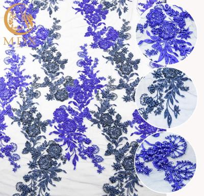 China Royal Blue Beaded Lace Fabric 80% Nylon Water Soluble 140cm Width  For Kids Dress for sale