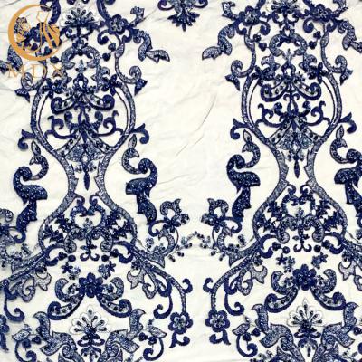 China Blue Nylon Handmade Beaded Lace Fabric For fashion Show Dresses for sale