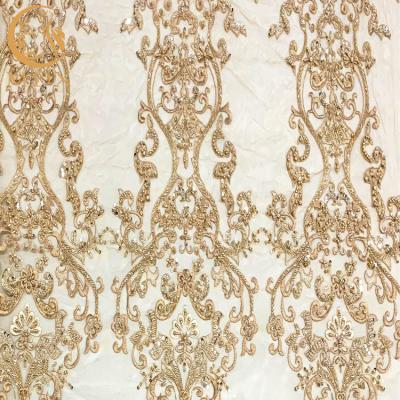 China Polyester Gold Beaded Embroidery Lace Fabric For Home Textile for sale