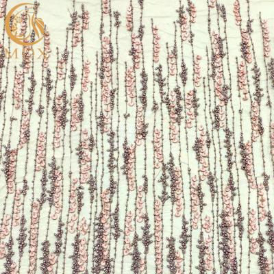 China Purple 3D Flower Lace Fabric With Beaded Embroidery On Nylon Mesh for sale