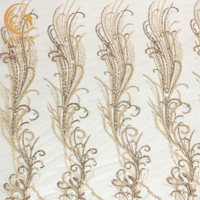China Customized Gold Heavy Beaded Embroidery Lace Fabrics By The Handmade for sale