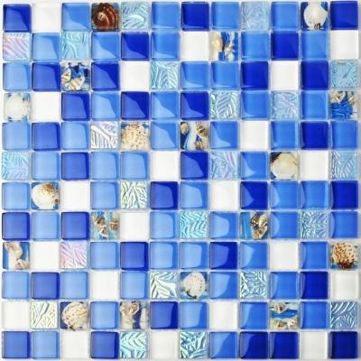 China Folhas de vidro azuis da telha de mosaico do mar branco da praia, telhas da beira do mosaico para o balcão à venda