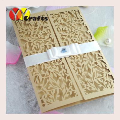 China Purple 250g pearl paper laser cut folding wedding invitation cards + envelope handmade invitation card for Party Favor for sale