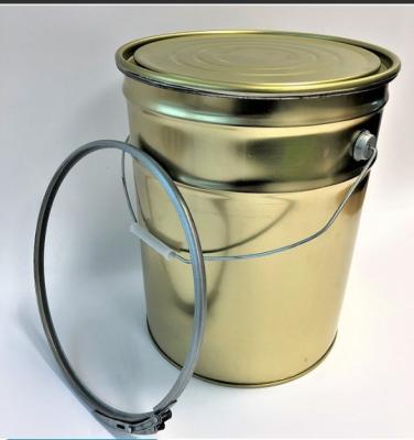 China Balde de tinta de metal dourado 5 galões com fecho de anel de bloqueio de alavanca para tintas à base de água à venda