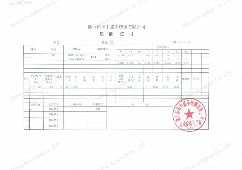 Stainless steel quality certificate - Guangzhou Shituo Sculpture Arts and Crafts Co., Ltd.