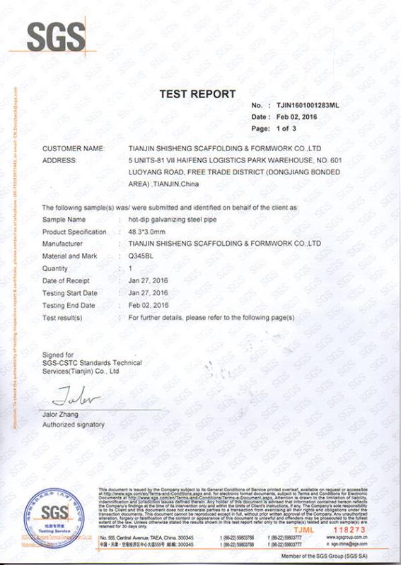 HDG Pipe SGS Test Report 1 of 3 - Tianjin Shisheng Scaffolding & Formwork Group Co., Ltd.