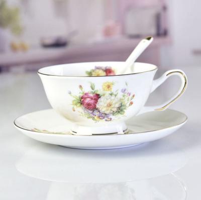 China Big Flower 10OZ 220cc Ceramic Cup And Saucer Set With Golden Lace for sale