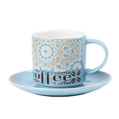 China Embossed Stackable Ceramic Cup And Saucer Set Silk Screen Blue for sale