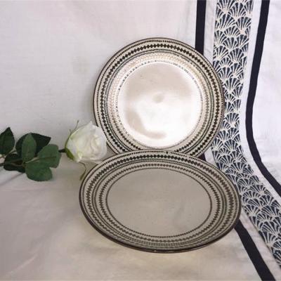China Durable Embossed Ceramic Pasta Plate Thick With Brown Rim Lace for sale