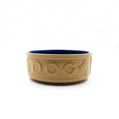 China Circular Embossed 6.8 Inch Ceramic Pet Food Bowl For Feeding Dog And Cat for sale