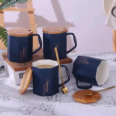 China Nordic Octagonal Diamond Ceramic Coffee Mug With Bamboo Cover Spoon for sale