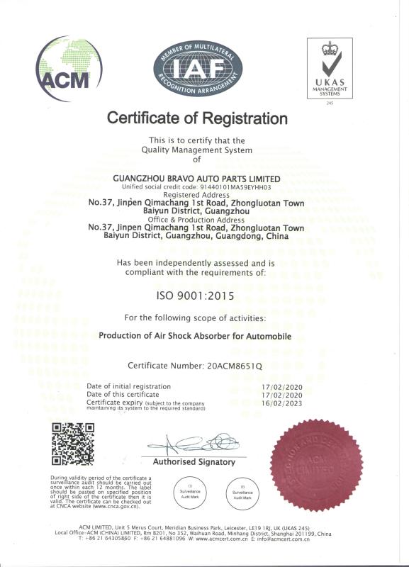 ISO 9001 : 2015 Certificate - Guangzhou Bravo Auto Parts Limited