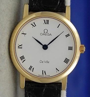 China Ladies Womens OMEGA DeVille SOLID 18K Gold Watch Black Leather Strap White Dial for sale