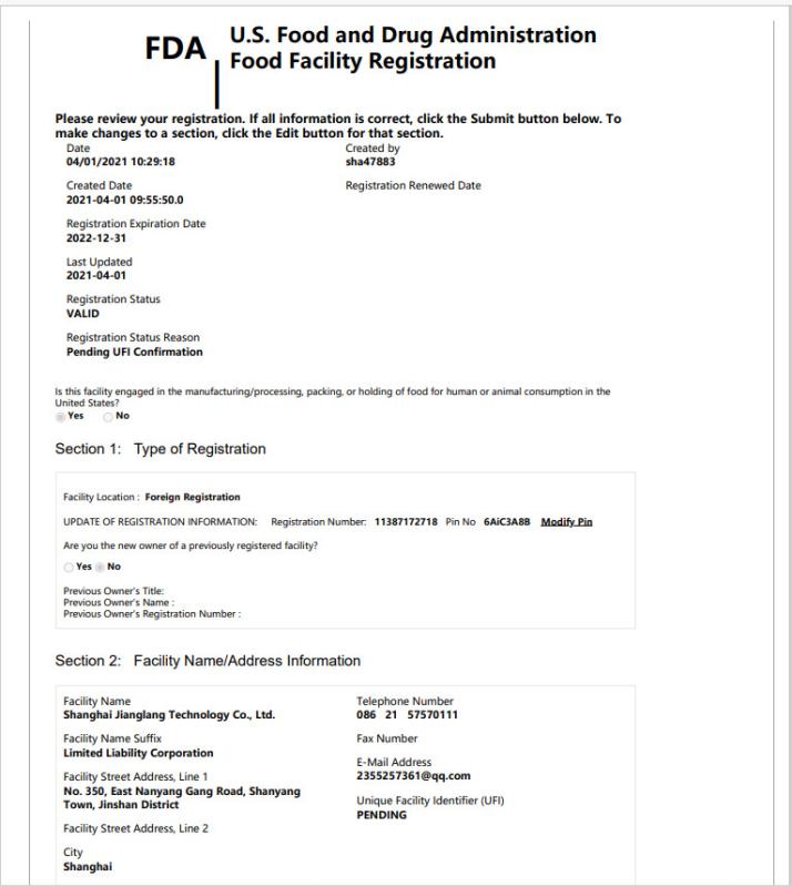 FDA - Jianglang Technology  Co. Ltd.