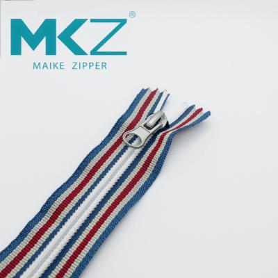 China Close End White Teeth Blue Stripe Nylon Coil Zipper for sale