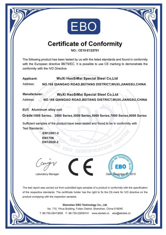 European Union ce Certificate - WuXi HaoSiMai Special Steel Co,Ltd