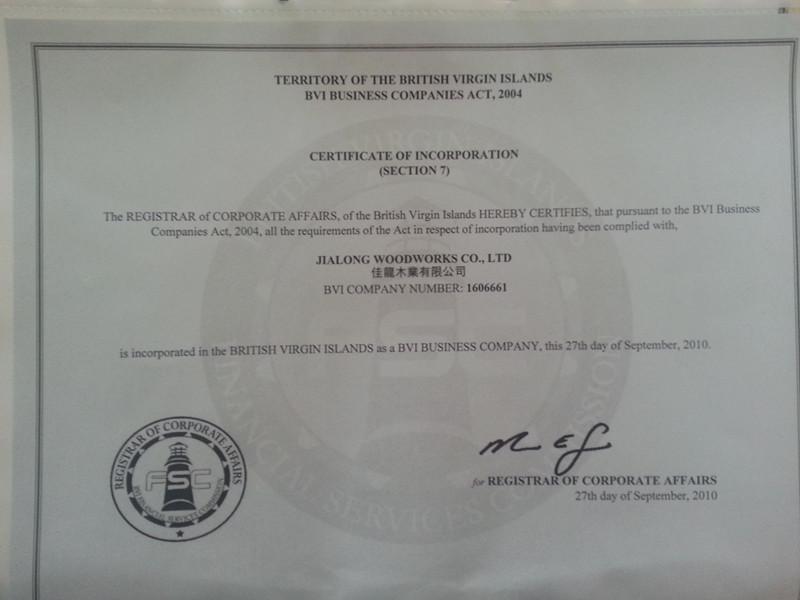 Certificate Of Incorporation - JIALONG WOODWORKS CO.LTD