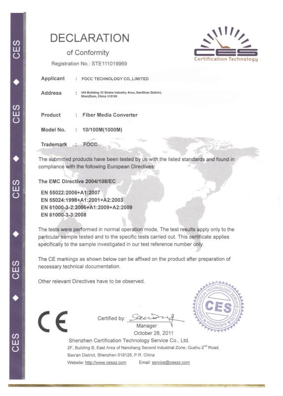 CE Certification - FOCC FIBER OPTIC CO.,LIMITED