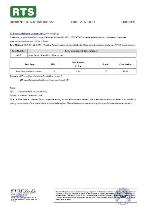 Formaldehyde Content Test - Rsforever Group Co., Limited