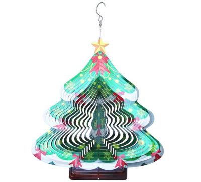 China Width 27cm Rotating Metal Wind Spinner 3D Christmas Tree Wind Chimes for sale