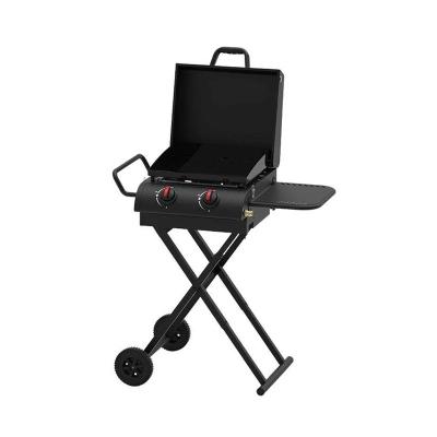 China 90*80*53cm Black Steel Portable Outdoor Cool Camping Gas Grill With Small Wheels for sale