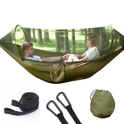 China Automatic Quick Opening Lightweight Army Green 210T Nylon Hammock 250*120CM With Mosquito Net For Outdoor Camping for sale