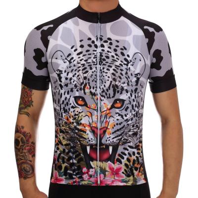 China Modernes kundenspezifisches Leopard-Entwurfs-Polyester Dryfit, das Jersey-T-Shirt Reitsportkleidungs-Radfahrer-Kleidungs-Klagen im Freien radfährt zu verkaufen