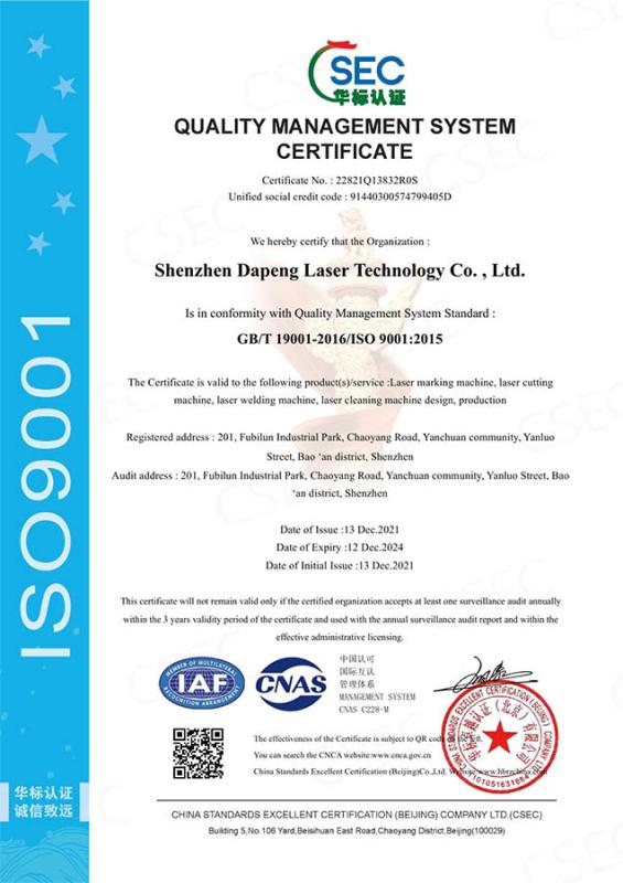 GB/T 19001-2016/ISO 9001:2015 - Shenzhen Dapeng Laser Technology Co., Ltd