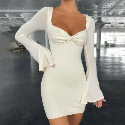 China Solid Color Tight Dress White Square Collar High Heels Tight Dress Flared Sleeves for sale