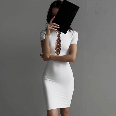 China Fashion Package Hip Dress Chest Hollow Slim Fit White Skin Tight Dress Sexy Short Sleeved for sale