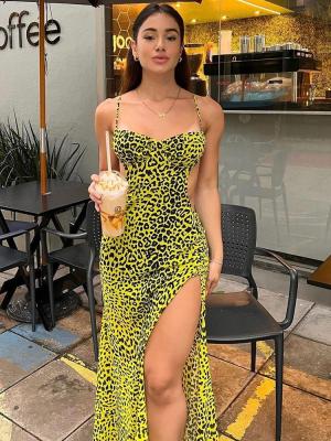 China Sexy Backless Hip Split Dress Fashion Hottie Leopard Halter Dress for sale