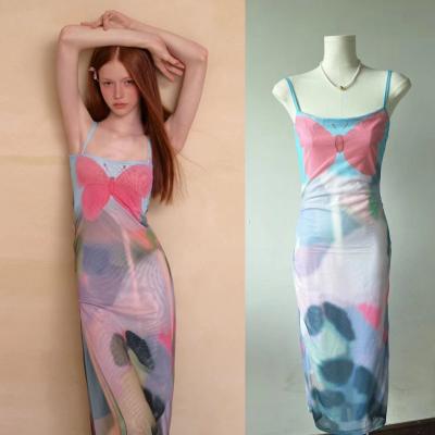 China Pink Blue Butterfly Halter Dress French Slit Slim Sexy Dress  Waist Slimming for sale