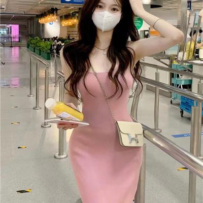 Китай Стильное сексуальное платье с подтяжкой сладкое пряное стройное розовое платье без рук продается
