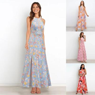 China Adults Printed Sleeveless Dress Stylish Floral Halter Maxi Dress for sale