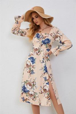 China Elegant Ruffled Floral Frocks For Women Multi Color Fashion Print Dress Flared Sleeves for sale