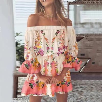 China Collar de una línea de longitud de rodilla vestido impreso vestido floral sexy vestido de cintura vestido suelto en venta