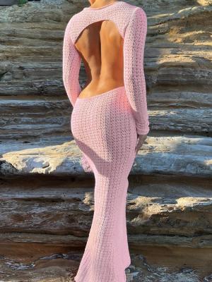 Chine Laine tissée à dos ouvert Maxi robe sexy creux trou de filet Manche longue Robe sans dos à vendre