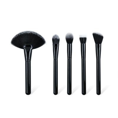 China Luxury 5PCS Shiny Black Wooden Handle Private Label Foundation Fan Brush for sale