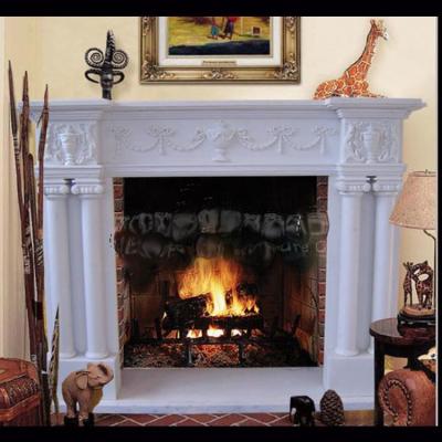 China Electric marble fireplace mantel surrounds with stone figure carvings,China marble fireplace supplier for sale