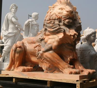 China Nature Stone carving lions statue pink marble animal sculpture,stone carving supplier for sale