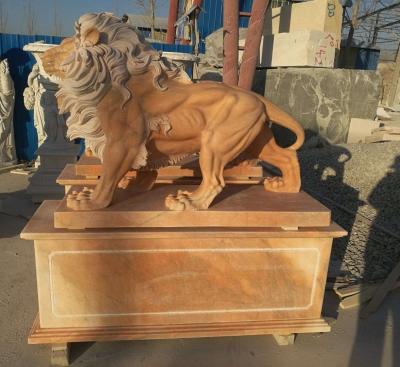 China Garden decoration Nature Stone walking lions statue pink marble animal sculpture,stone carving supplier for sale