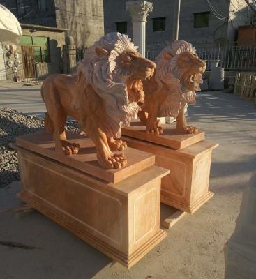China Garden decoration Stone walking lions pink marble animal sculpture,stone carving supplier for sale