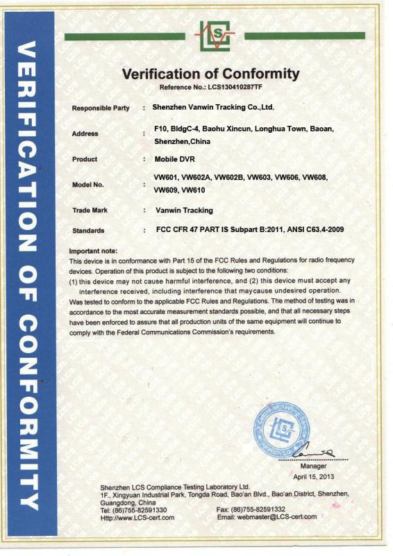 FCC - Shenzhen Vanwin Tracking Co.,Ltd
