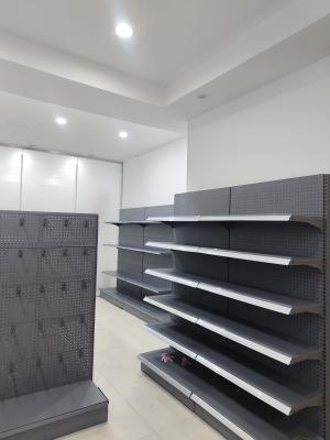 China 5 Tier Metal Display Rack Gondola Shelving Display Rack With Hooks For Grocery Store for sale