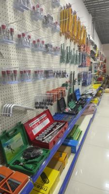 China 5 Tier Metal Display Rack Gondola Shelving Display Rack With Hooks For Grocery Store for sale