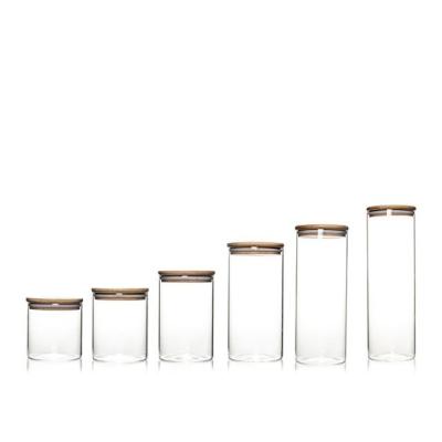 China Custom Design Jar Food Storage Canister Transparent Borosilicate Glass With Bamboo Cover for sale