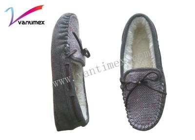 China Cowsuede bow knitted upper moccasin house slippers for Spring for sale