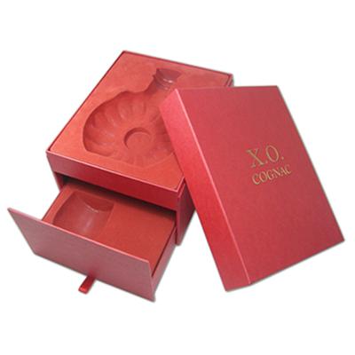 China Red Matte Varnishing XO Wine Gift Box Packaging With Drawer And Lid for sale