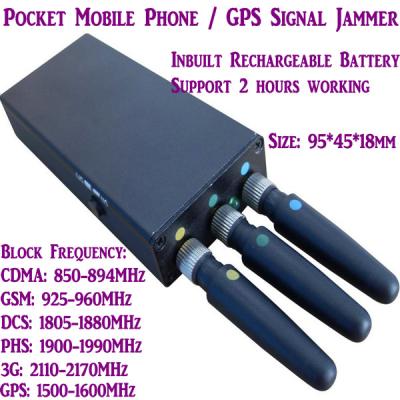 China 3 Antenna Mini Mobile Phone Signal Jammer 3G/GSM/CDMA/DCS/PHS GPS Blocker Inbuilt Battery for sale